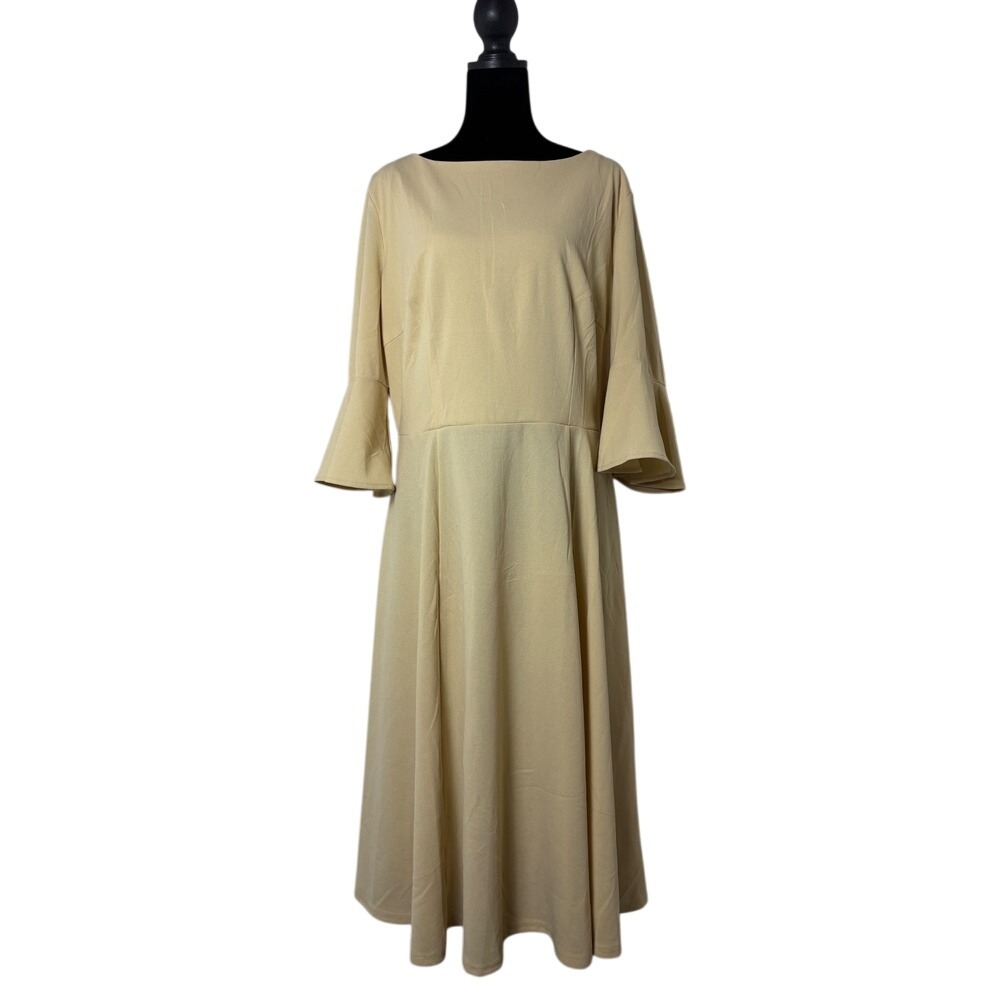 Homrain Midi Dress Women XXL Yellow NWT Bell Sleeve A-Line Fit Flare Vintage